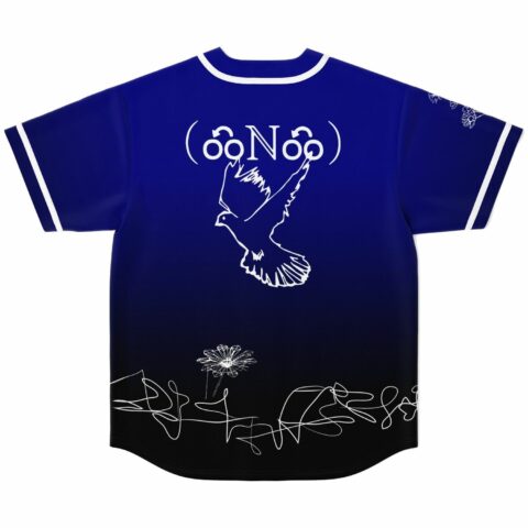Royal blue baseball jersey with outline dove and scribble line art on back