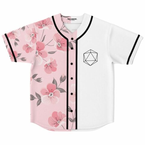 Cherry blossom print baseball jersey with white split panel and geometric icosahedron logo, front view