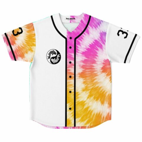 Rainbow spiral tie dye rave baseball jersey with yin yang koi patch front view