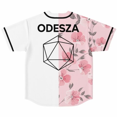 Cherry blossom rave jersey back view with ODESZA text and geometric icosahedron design