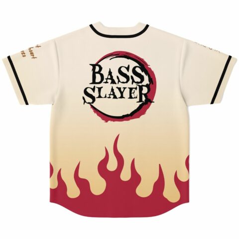 Bass Slayer logo on back of cream jersey above rising flame print