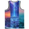 Neon futuristic skyline and galaxy print rave jersey back view with black trim