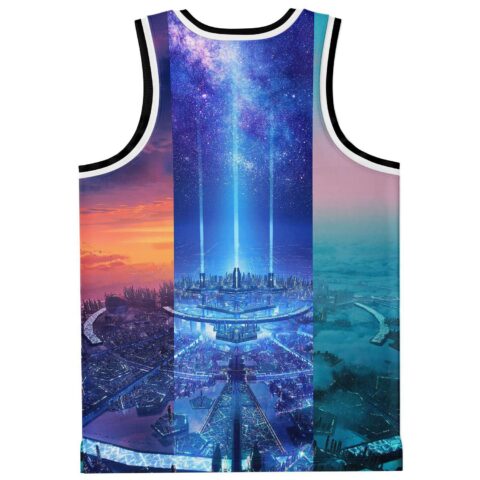 Neon futuristic skyline and galaxy print rave jersey back view with black trim