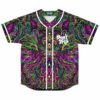 Dense symmetrical rave jersey with neon swirl print and Don't Trip text, front view
