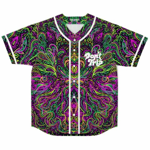 Dense symmetrical rave jersey with neon swirl print and Don't Trip text, front view