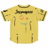 Pale yellow rave jersey back view with squiggle face doodle and Jayymagzzz text