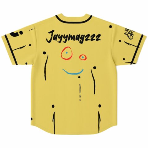 Pale yellow rave jersey back view with squiggle face doodle and Jayymagzzz text