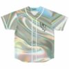 Silver liquid holographic rave baseball jersey front view with wing logo on chest