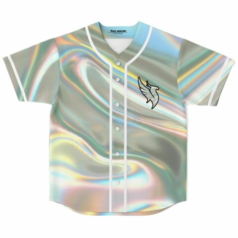 Silver liquid holographic rave baseball jersey front view with wing logo on chest
