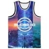Futuristic sci-fi cityscape rave basketball jersey with subsidia logo front view