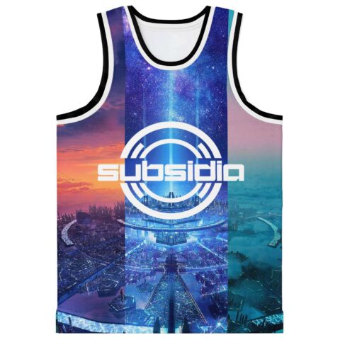 Futuristic sci-fi cityscape rave basketball jersey with subsidia logo front view
