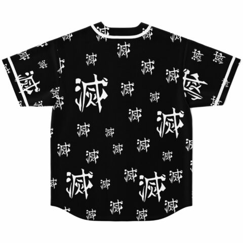 Black rave baseball jersey back view showing scattered white kanji symbol pattern