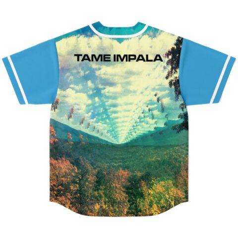 Back view showing surreal forest valley print with text Tame Impala across the shoulders