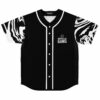 Black rave baseball jersey with marbled swirl sleeves, Mermaid Gang shell logo, front flat lay