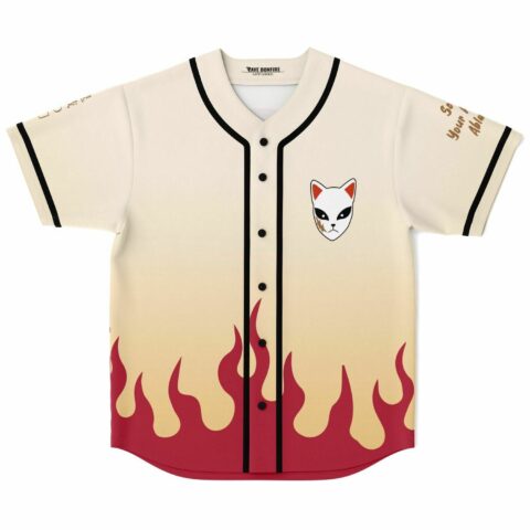 Cream fox mask baseball jersey with red flame hem front view