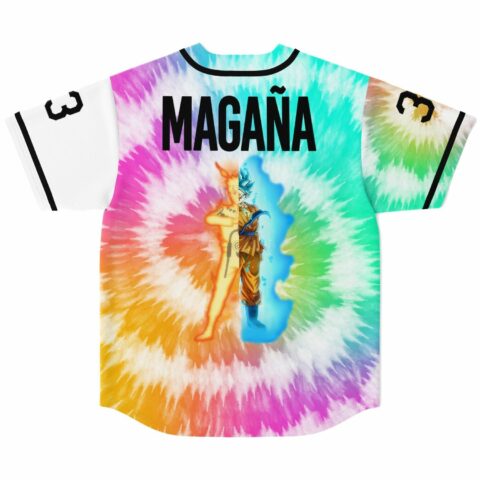 Back view of tie dye jersey with MAGAÑA text and anime-inspired split graphic