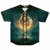 Dark teal baseball jersey with fiery golden portal and kneeling knight design front view