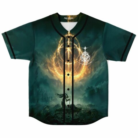 Dark teal baseball jersey with fiery golden portal and kneeling knight design front view