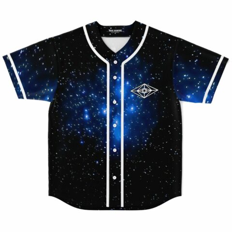 Front view of black galaxy rave jersey with white diamond eye emblem on chest