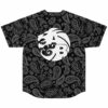 Black paisley bandana print baseball jersey with large white lion and AB emblem, back view