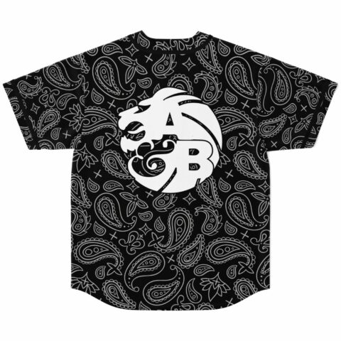 Black paisley bandana print baseball jersey with large white lion and AB emblem, back view
