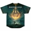 Back view of jersey with glowing golden emblem, text reading maidenless above fallen knight
