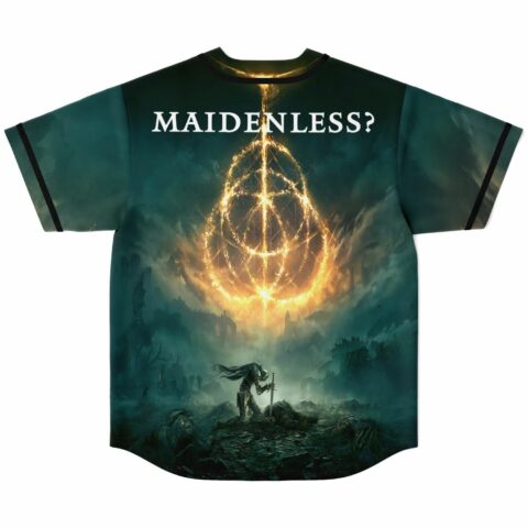 Back view of jersey with glowing golden emblem, text reading maidenless above fallen knight