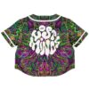 Psychedelic swirl rave cropped baseball jersey with bold text and intricate psychedelic design, back view