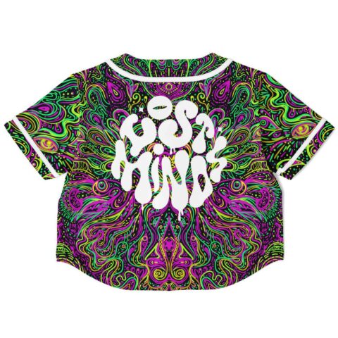 Black rave crop top with bold text and intricate psychedelic designs, back view.