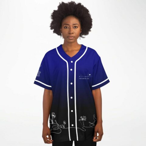 Bass-inspired blue ombre baseball jersey worn front view with floral sleeve print