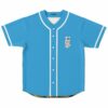 Bright sky blue rave baseball jersey with white piping and Rushium vial patch on chest
