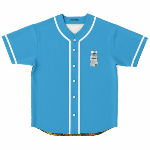Bright sky blue rave baseball jersey with white piping and Rushium vial patch on chest