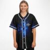 Woman wears starry blue galaxy baseball jersey with geometric eye patch front view