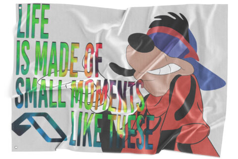 White rave flag with cartoon dog face design and text Life is made of moments