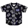 Angry robot face print baseball jersey in black with purple swirl background, front view