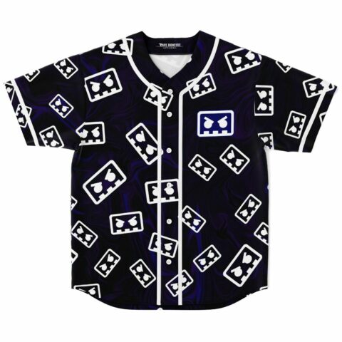 Angry robot face print baseball jersey in black with purple swirl background, front view