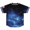Back view of deep blue starfield jersey showing nebula print and flag sleeve patch