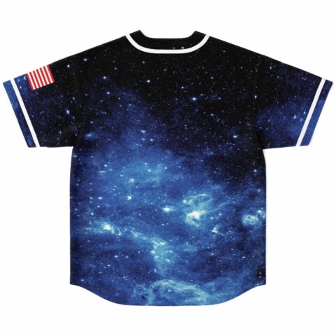 Back view of deep blue starfield jersey showing nebula print and flag sleeve patch