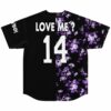 Black split jersey back with purple floral panel and LOVE ME 14 text print