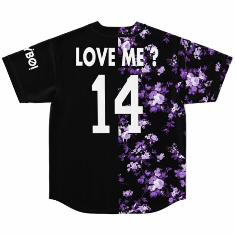 Black split jersey back with purple floral panel and LOVE ME 14 text print