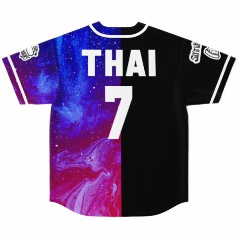 Half black half cosmic swirl jersey back view with THAI 7 lettering