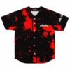 Front flat lay of black blood splatter rave baseball jersey with Marauda chest logo