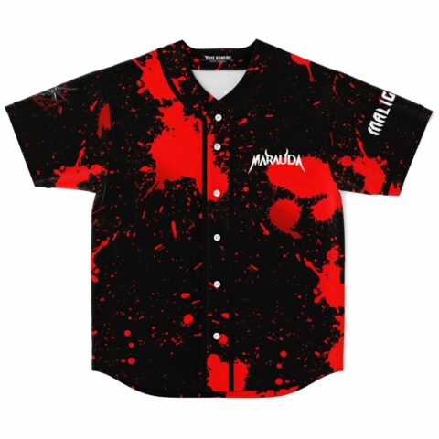 Front flat lay of black blood splatter rave baseball jersey with Marauda chest logo