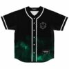 black baseball jersey with white geometric icosahedron and green nebula fade front view