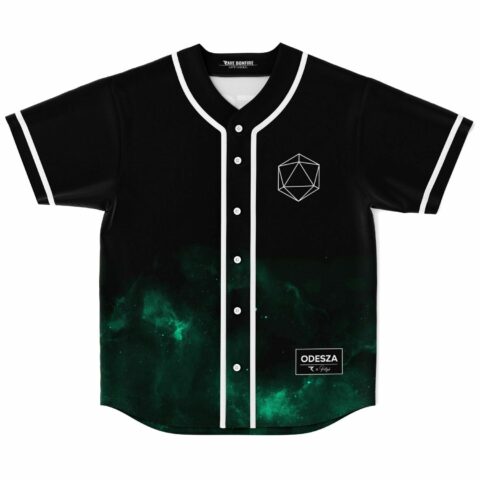 black baseball jersey with white geometric icosahedron and green nebula fade front view