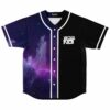 Half black half purple galaxy nebula baseball jersey front view with bold white text logo