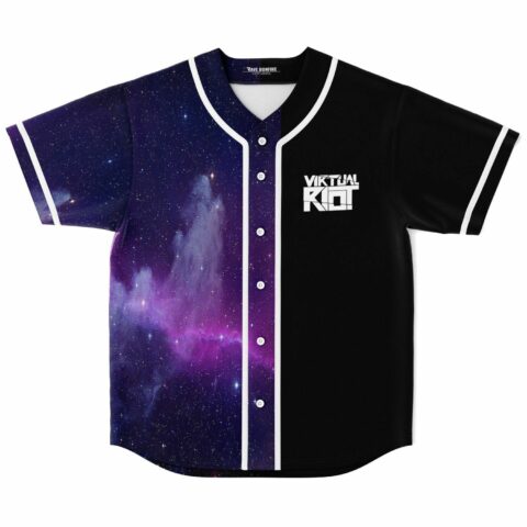 Half black half purple galaxy nebula baseball jersey front view with bold white text logo