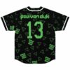 Black rave baseball jersey back view showing number 13 and green triangle pattern