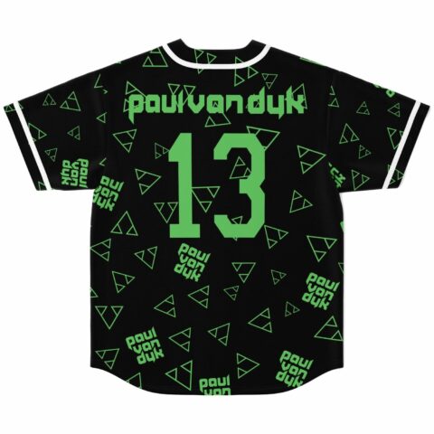 Black rave baseball jersey back view showing number 13 and green triangle pattern