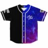 Split black and galaxy print rave baseball jersey front view flat lay